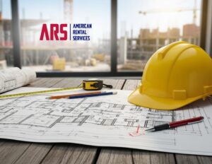 hardhat and blueprints with ARS American Rental Services logo