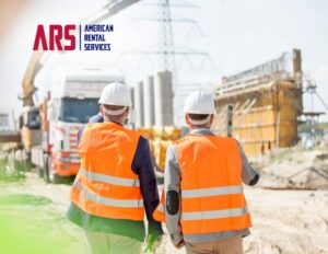 contractors discussing aerial lift fleet rental